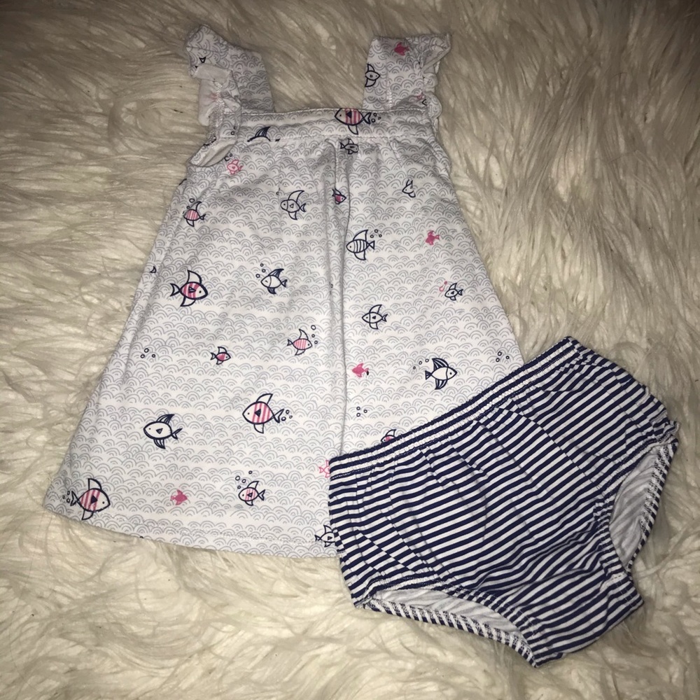 2-piece set fish dress and striped diaper cover